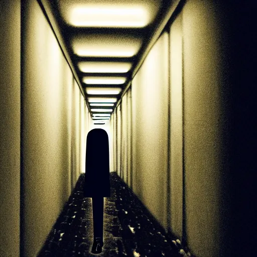 Image similar to photograph of an extremely dark narrow hallway with glowing humanoid cryptid made out of television static, dark deep black shadows, red and black color contrast in the style of trevor henderson, liminal space, 3 d octane render, glitch effect