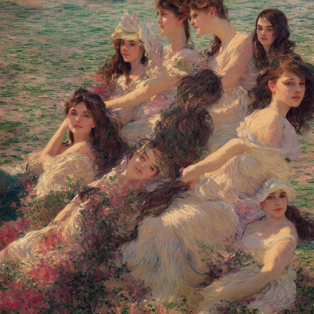 Image similar to illustration studio portrait of three beautiful girl in an artistic pose resting in the beach, monet painterly motives and textures pattern, hyper detailed, octane render, vivid colors, artstation, by jeremy mann, by alphonse mucha, by monet