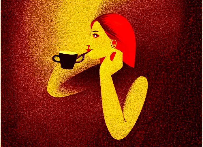 Image similar to portrait of a heroine drinking coffee, colorful,vivid, Mads Berg, Karolis Strautniekas,small finely stippled light, dramatic lighting,fine texutre, editorial illustration, detailed, matte print, dynamic composition,moody, cinematic, film grain,perspective