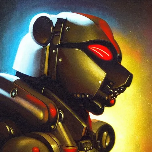 Image similar to a dark and colorful close - up of a sci - fi mecha bear robot with led lights glowing fog in the background. highly detailed science fiction painting by norman rockwell, frank frazetta, and syd mead. rich colors, high contrast, gloomy atmosphere, dark background. trending on artstation