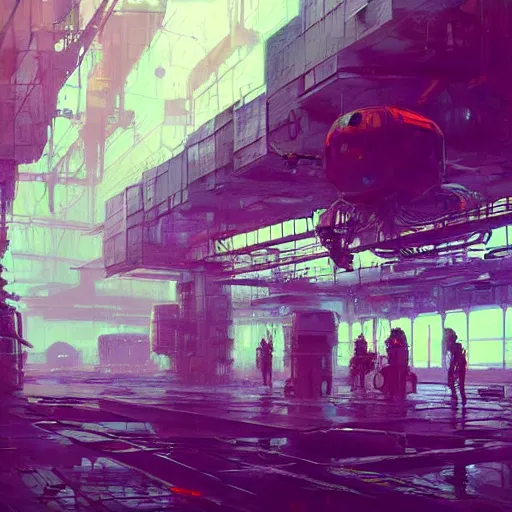 Image similar to concept art of a cyberpunk factory filled with drone workers, grimy, gritty, blade runner 2 0 4 9, trending on artstation, award winning painting, cgi, art by john berkey and anton fadeev and john howe and simon stalenhag