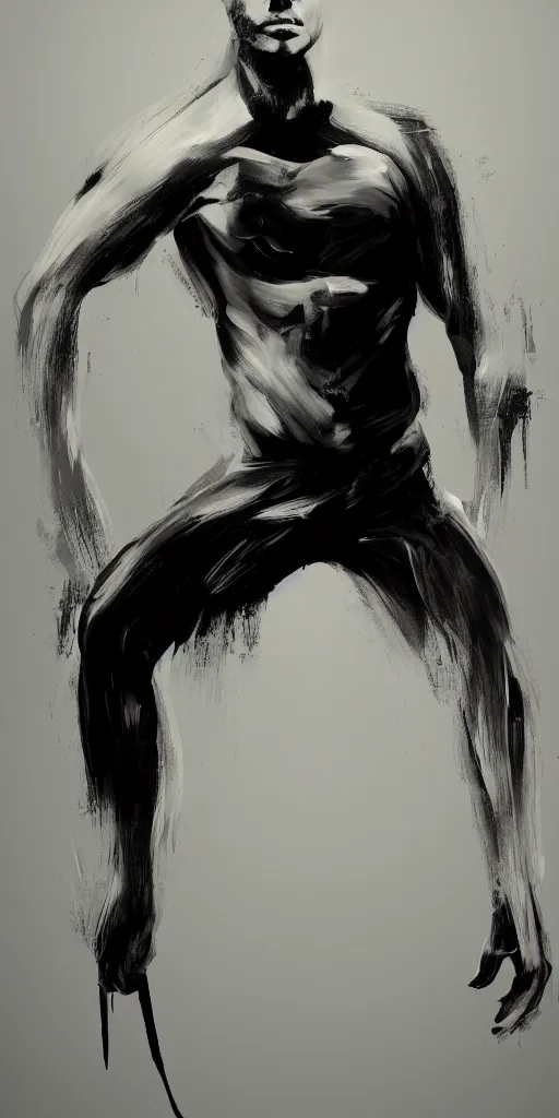 Prompt: minimal thick long paint brush strokes, outline suggesting the physique of one!!! thin athletic man posing dramatically, closeup, matte paint colors, long flowing brush strokes, abstract painting trending on artstation