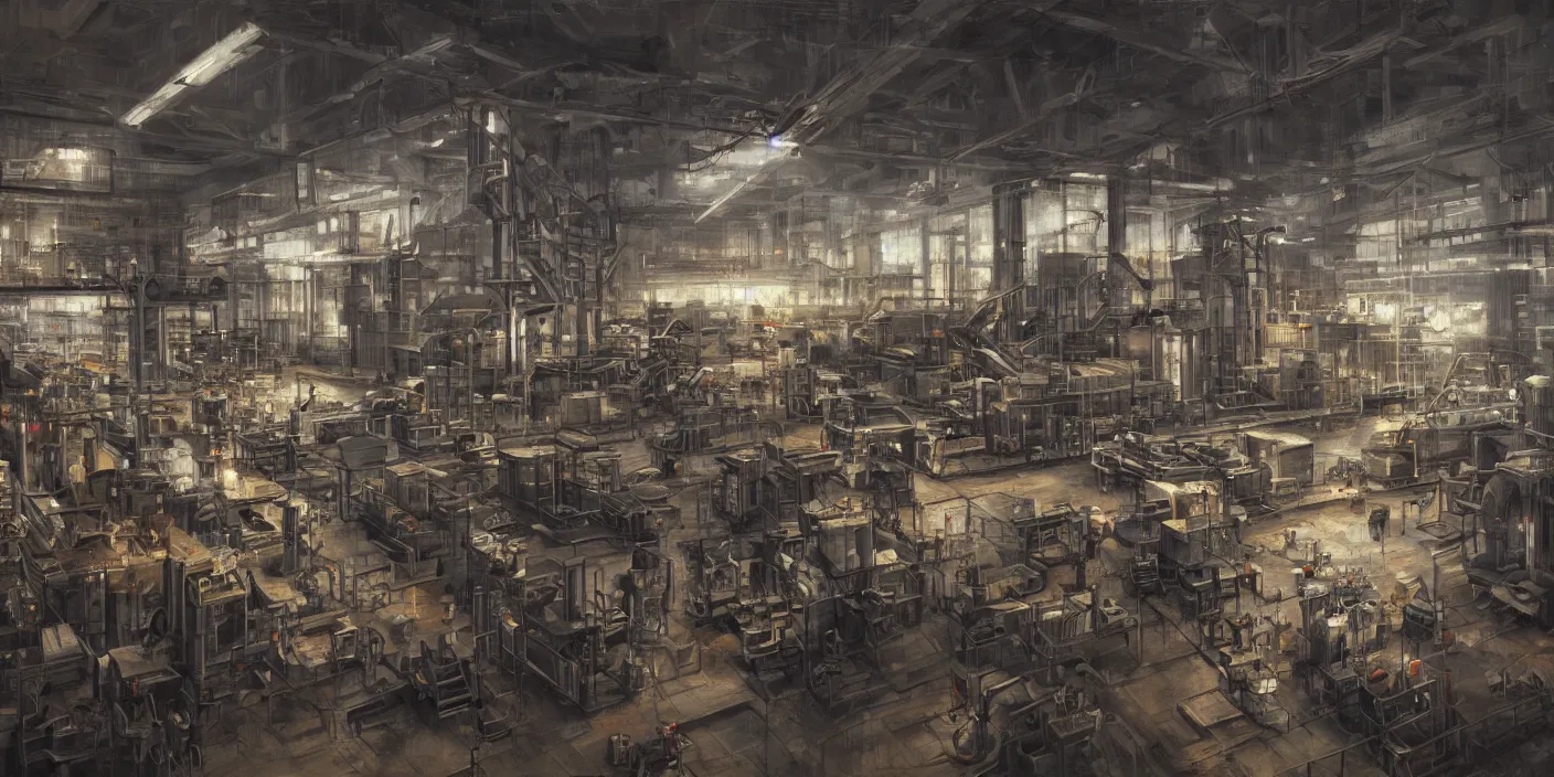 Prompt: modern factory, cinematic lighting, detailed oil painting, hyperrealistic, 8k