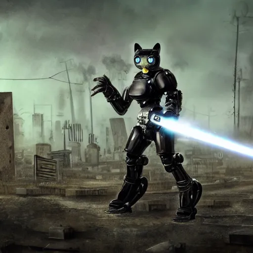 Image similar to photorealistic anthropomorphic cat, wearing black huge cyber robot exoskeleton big power armor without helmet, holding huge laser gatling gun, post apocalyptic cinematic photorealistic background, still, standing on graveyard