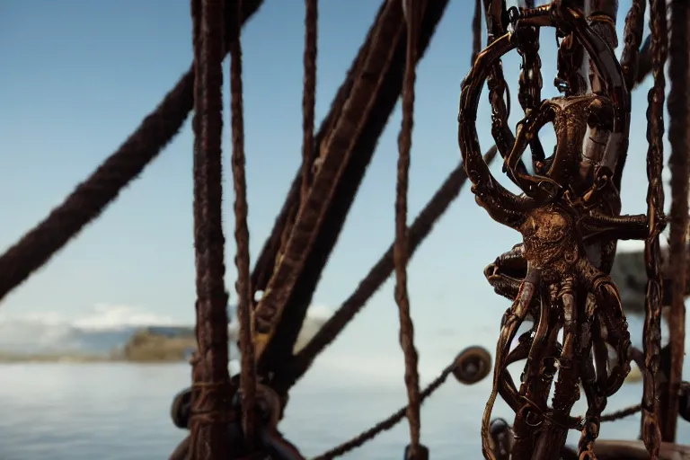 Image similar to closeup product shot kraken rum on an old pirate ship, by emmanuel lubezki