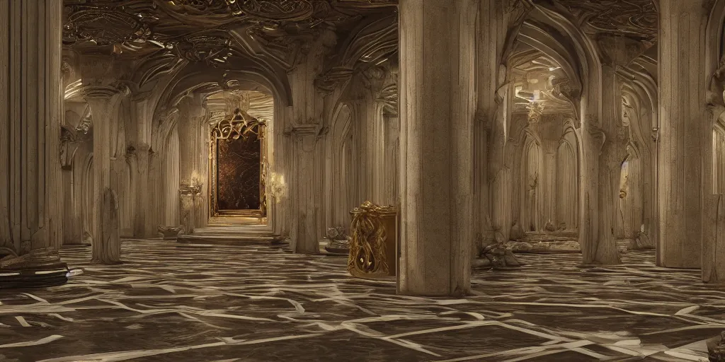 Image similar to ultra detailed, high definition, octane render 3d, throne room, stone pillars, high ceiling, art nouveau, goth