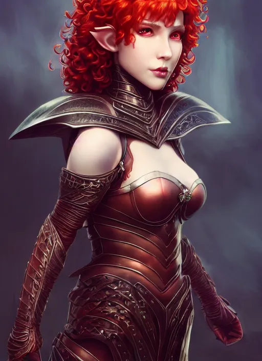 Image similar to leather armor!!! beautiful and elegant curly red hair female elf!! gorgeous ayes!! character concept art, sharp focus, octane render! unreal engine 5! highly rendered!! trending on artstation!! detailed linework!! illustration by artgerm, wlop, and chie yoshii