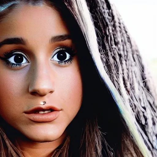 Image similar to ariana grande as a native american with The Predator behind her, colour, photography, realistic,