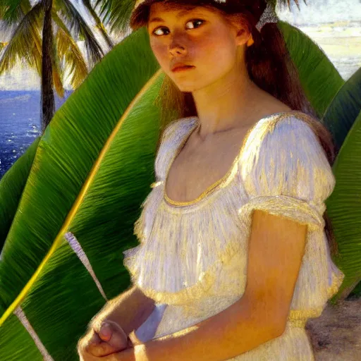 Image similar to a ultradetailed beautiful painting of a girl in the amazonas palace designed by jules bastien - lepage, hans belmer, frank weston and gustave baumann, beach, trending on artstation, mediterranean, palm trees, light sparkles, sharp focus, soft light, 8 k 4 k