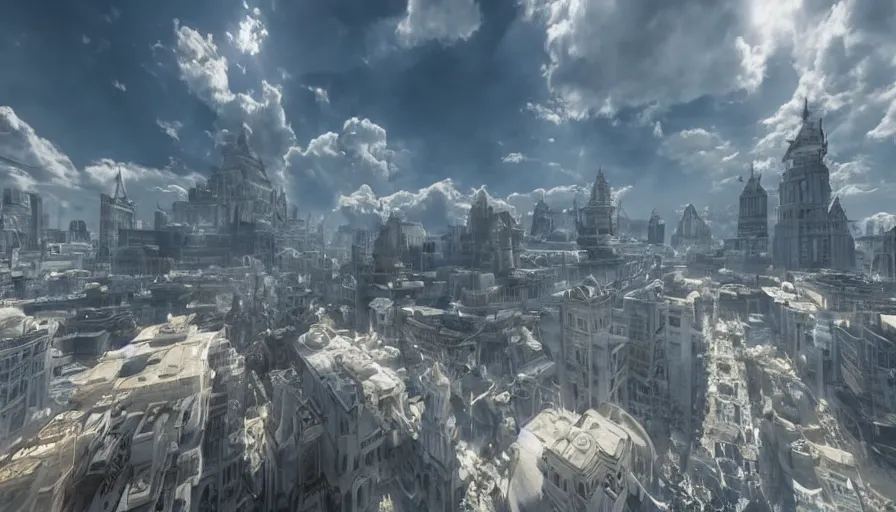 Image similar to Angelic Floating City in the Clouds, Hyperrealistic, Intricate Details, Raytracing, Volumetric Lighting, Lightshafts, Blue and White Color Palette, Unreal Engine 5, Photorealism