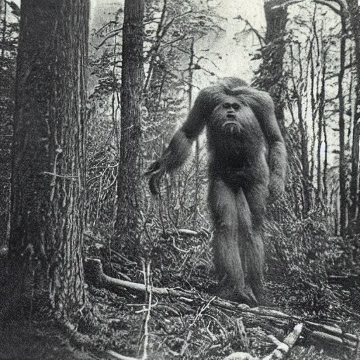 Image similar to daguerrotype of sasquatch sighting in a forest 1 9 0 0