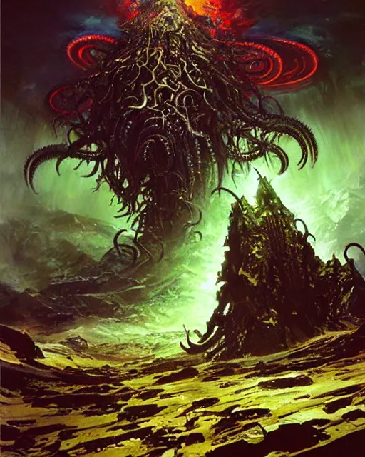 Prompt: inconceivable otherworldly massive cthulu god rising from a grim landscape, epic painting by john berkey. elder god lovecraft mythology