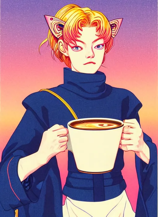 Prompt: realistic portrait of emma stone as a sailor moon, making the coffee, early morning, light falling on face, futuristic, highly detailed, 8 0 - s style poster, sharp focus, illustration, art by kawase hasui,