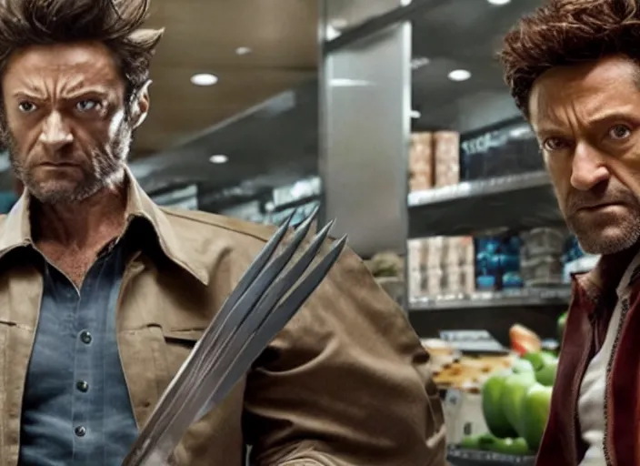 Image similar to film still of Wolverine going grocery shopping in the new X-Men movie, 4k