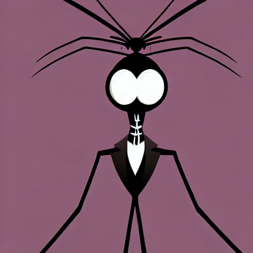 Prompt: digital art of a symmetrical thin cockroach cartoon character with long antennae, wearing a black suit, character poses, by anton fadeev from nightmare before christmas