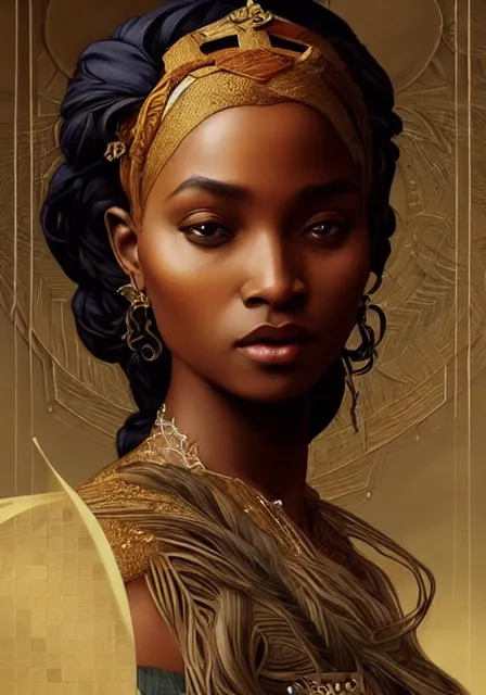 Image similar to african sansa, intricate, elegant, highly detailed, digital painting, artstation, concept art, smooth, sharp focus, illustration, art by artgerm and greg rutkowski and alphonse mucha and william - adolphe bouguereau