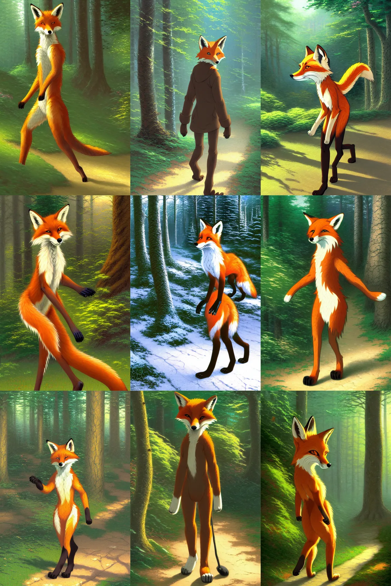 Prompt: anthro digitigrade natural - colored fox person with black paws, walking upright in a forest, thomas kinkade, makoto shinkai