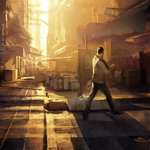 Image similar to painting of an undercover cup, concept art, bald with short beard, call of duty, max payne, inspired by seven the movie, golden hour, city environment, dramatic lighting, digital art, 8 k, extremely detailed, drawn by ruan jia