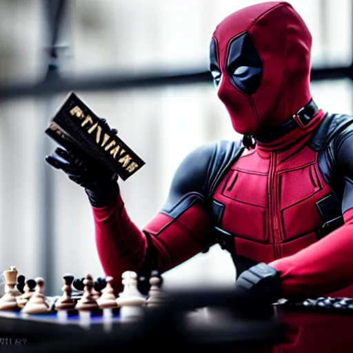 Image similar to deadpool playing chess, photography, marvel, movie,