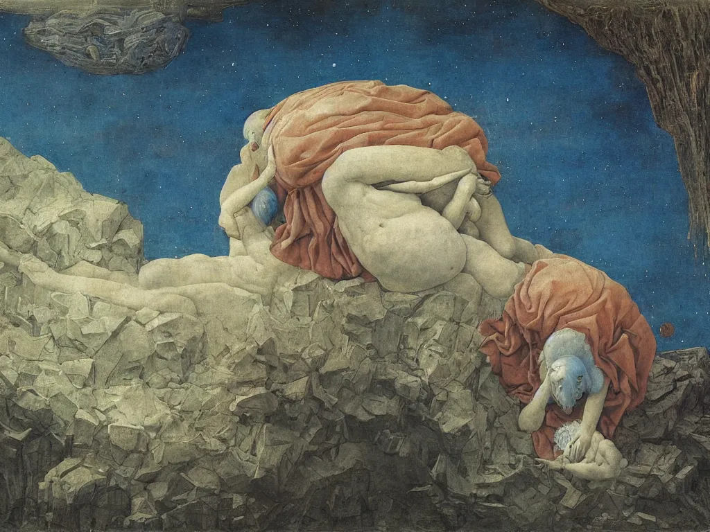 Image similar to Portrait of terrifying Blue star clad albino angel sleeping in the seed of a comet. Icy surreal mountains at night. Coral-like pebbles, autumn light. Painting by Jan van Eyck, Fra Filippo Lippi, Rene Magritte, Jean Delville, Max Ernst, Beksinski