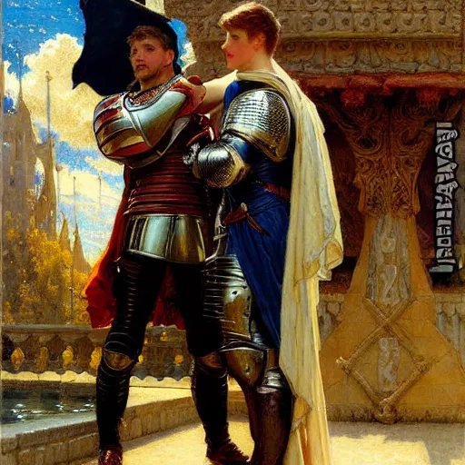 Image similar to attractive fully clothed arthur pendragon confesses his love for his attractive fully clothed male knight. highly detailed painting by gaston bussiere and j. c. leyendecker 8 k