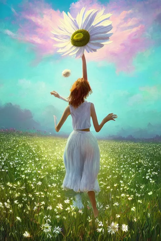 Image similar to giant white daisy flower as head, girl dancing in a flower field, surreal photography, sunrise, dramatic light, impressionist painting, colorful clouds, digital painting, artstation, simon stalenhag