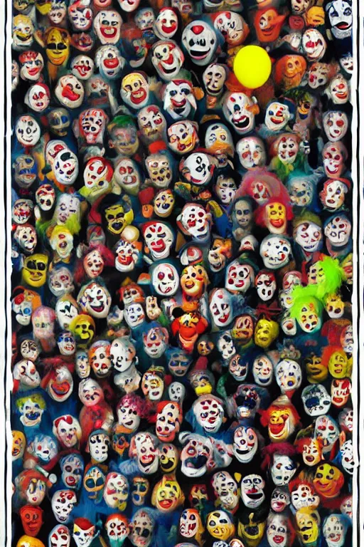 Prompt: a post office full of clowns by bijou karman