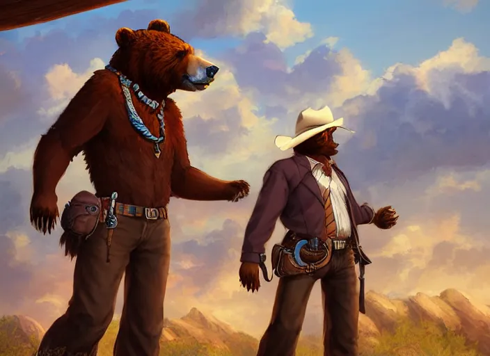 Image similar to character portrait feature of the anthro male anthropomorphic kamchatka brown bear fursona wearing cowboy outfit wild west desperado character design stylized by charlie bowater, ross tran, artgerm, and makoto shinkai, detailed, soft lighting, rendered in octane