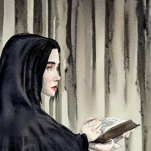 Image similar to full body detailed watercolor illustration of alien jennifer connelly mixed with anya taylor - joy, reading a book, unsettling, hooded long black feathered cloak, uncanny valley, with black feathers instead of hair, gothic, guillermo del toro, gray mottled skin, pale and sickly, profile view, - - ar 9 : 1 6