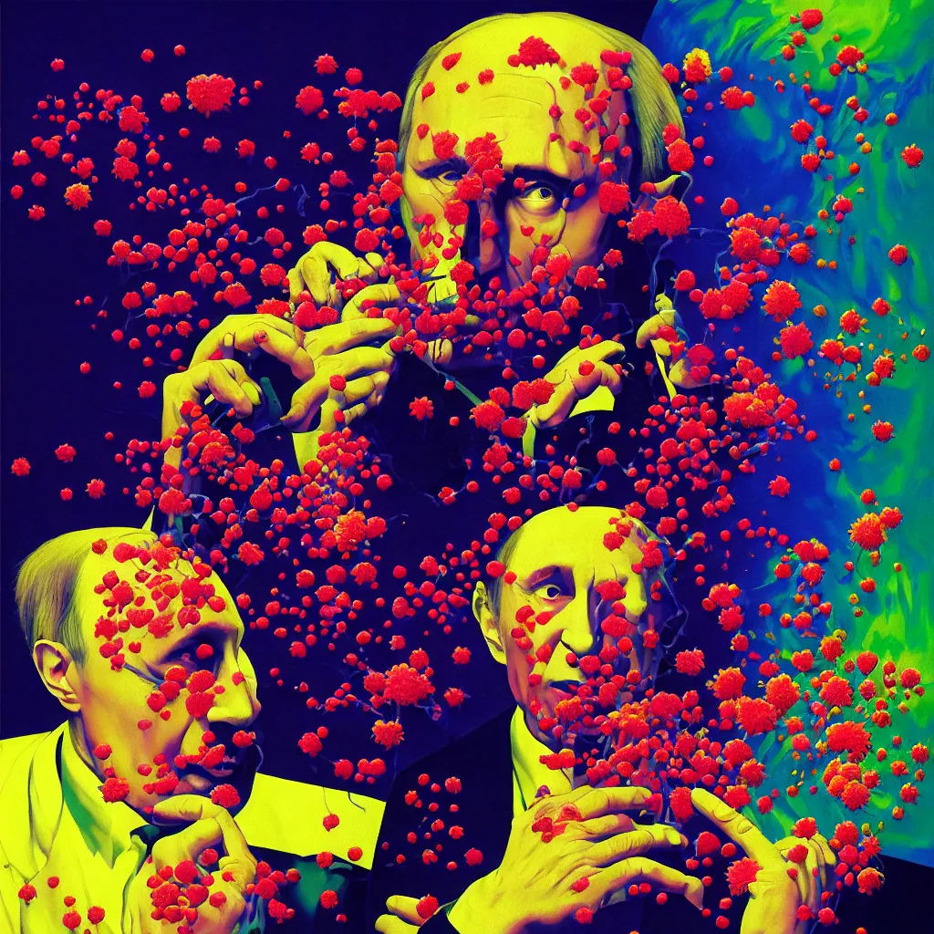 Prompt: portrait of vladimir putin eating of the Strangling network of colorful yellowcake and aerochrome and milky Fruit and His evil Hands hold gossamer polyp blossoms that bring iridescent fungal flowers whose spores black the foolish stars by Jacek Yerka, Mariusz Lewandowski, Houdini algorithmic generative render, Abstract brush strokes, Masterpiece, Edward Hopper and James Gilleard, Zdzislaw Beksinski, Wolfgang Lettl, Yayoi Kasuma, octane render, 8k