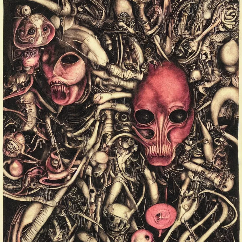 Image similar to post - punk new age album cover, asymmetrical design, alien? magic, apocalypse, psychedelic, highly detailed, black white pink, magic, giger h. r., giuseppe arcimboldo