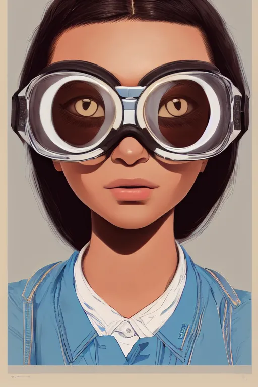 Image similar to face of a beautiful girl wearing goggles, brown skin, symmetrical, ilya kuvshinov, jamie hewlett, yoji shinkawa, muted colors, portrait, beautiful detailed illustration, 17th century oil painting, flat colors, studio ghibli, cel shading, loish, pop art,