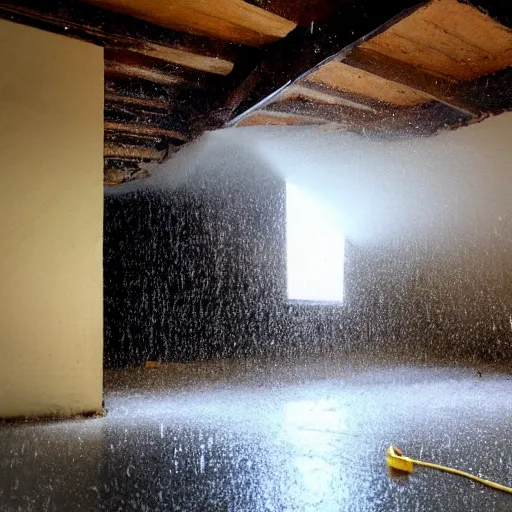 Prompt: a room with a large, gaping hole in the ceiling, and water pouring in from the rain.