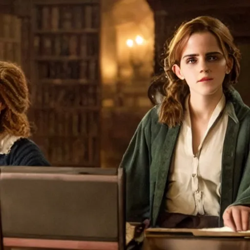 Image similar to Photo of Emma Watson as Hermione Granger using a computer next to Professor McGonagall in Hogwarts
