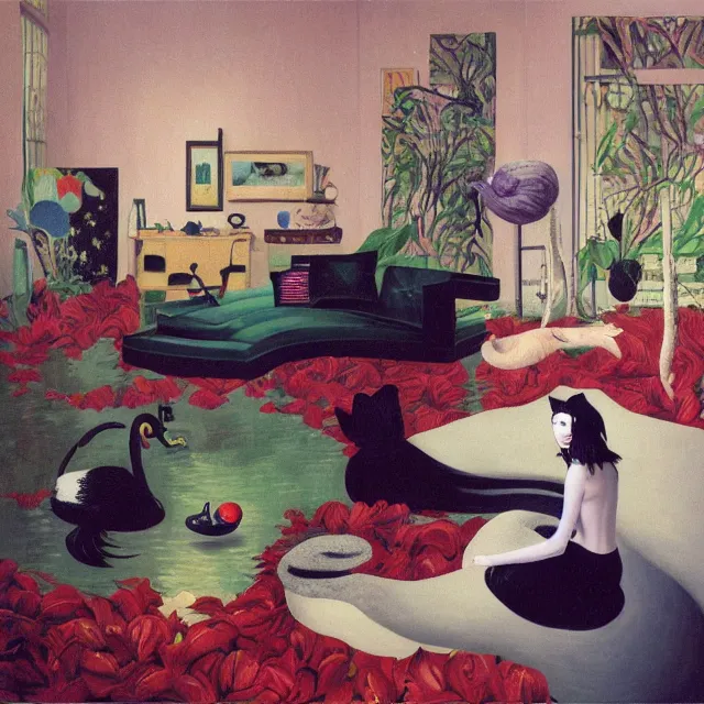 Prompt: emo catgirl artist in her lounge room, painting of flood waters inside an artist's loungeroom, a river flooding indoors, pomegranates, pigs, ikebana, water, octopus, river, rapids, waterfall, black swans, canoe, berries, acrylic on canvas, surrealist, by magritte and monet