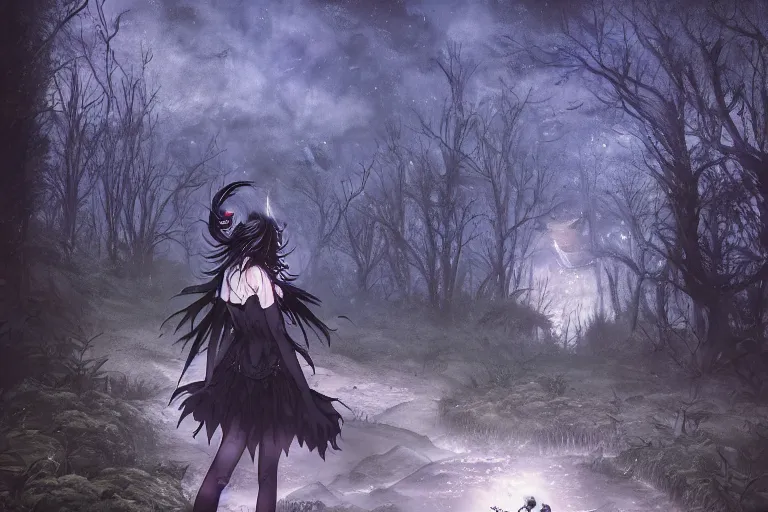 Image similar to goth woman in a moonlight view, in a forest, a river, tankoban, 4 k, tone mapping, akihiko yoshida, james jean andrei riabovitchev marc simonetti, yoshitaka amano, long hair, curly, h. hydrochaeri