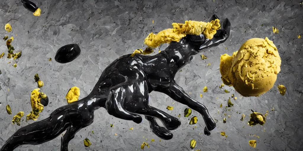 Image similar to abstract composition representing a panther created by a mixture of pistachio ice cream, black marble, dandelions and coca cola being thrown around by centrifugal forces, brilliant museum sculpture, award winning photo, 4k