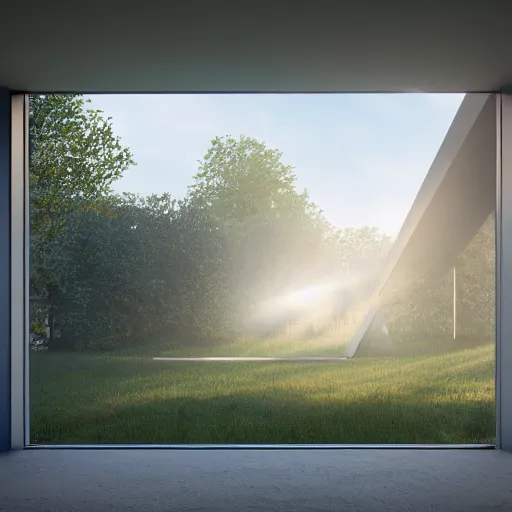 Image similar to futuristic house where nature blends into architecture, beam of light entering from a window, structure merging into the landscape, octane render, 4k