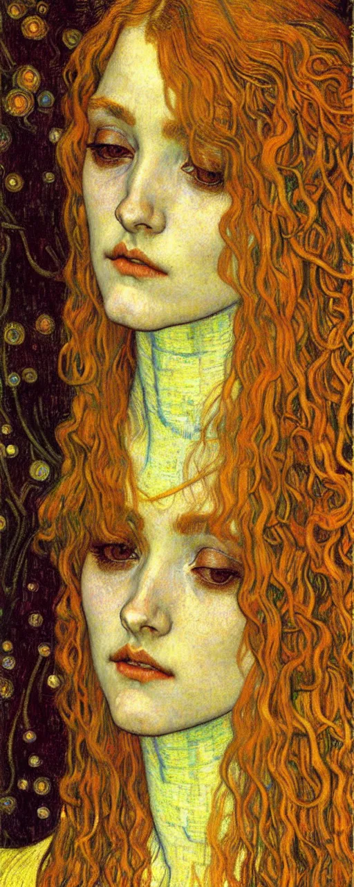 Image similar to detailed realistic beautiful young medieval queen face portrait by jean delville, gustav klimt and vincent van gogh, art nouveau, symbolist, visionary, gothic, pre - raphaelite, muted earthy colors, desaturated