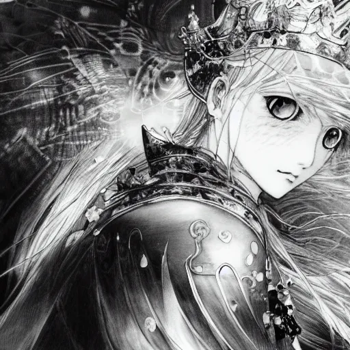 Image similar to yoshitaka amano blurred and dreamy illustration of an anime girl with black eyes, wavy white hair fluttering in the wind wearing elden ring armor and crown with engraving, abstract black and white patterns on the background, noisy film grain effect, highly detailed, renaissance oil painting, weird portrait angle, blurred lost edges, three quarter angle