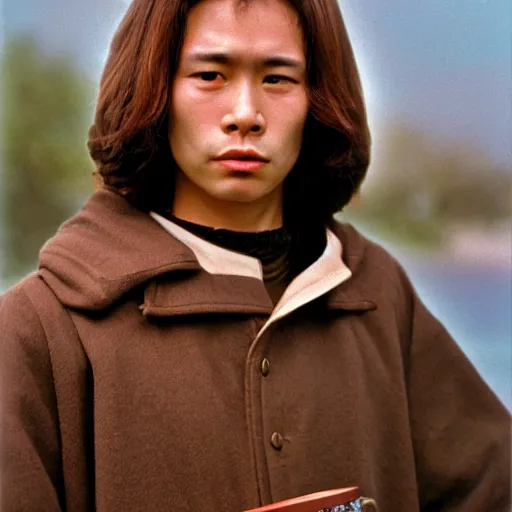 Image similar to a wide full shot, russian and japanese mix 1 9 8 0 s historical fantasy of a photograph taken of the guardian priest has wavy brown hair, medium light brown skin, and coffee - colored eyes, photographic portrait, high - key lighting, warm lighting, overcast flat midday sunlight, 1 9 8 2 life magazine photograph.