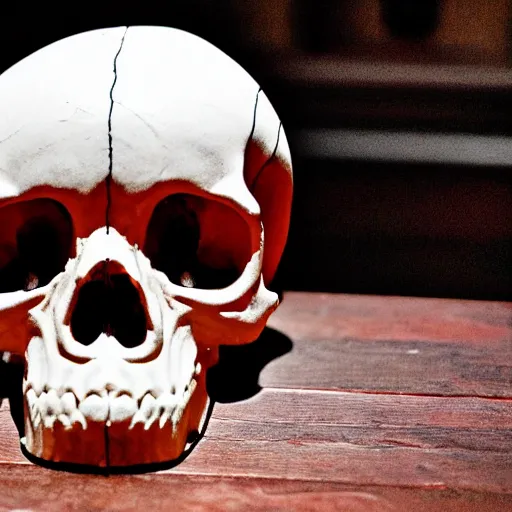 Prompt: humanoid skull with glowing red eyes, on a table, beautiful lighting