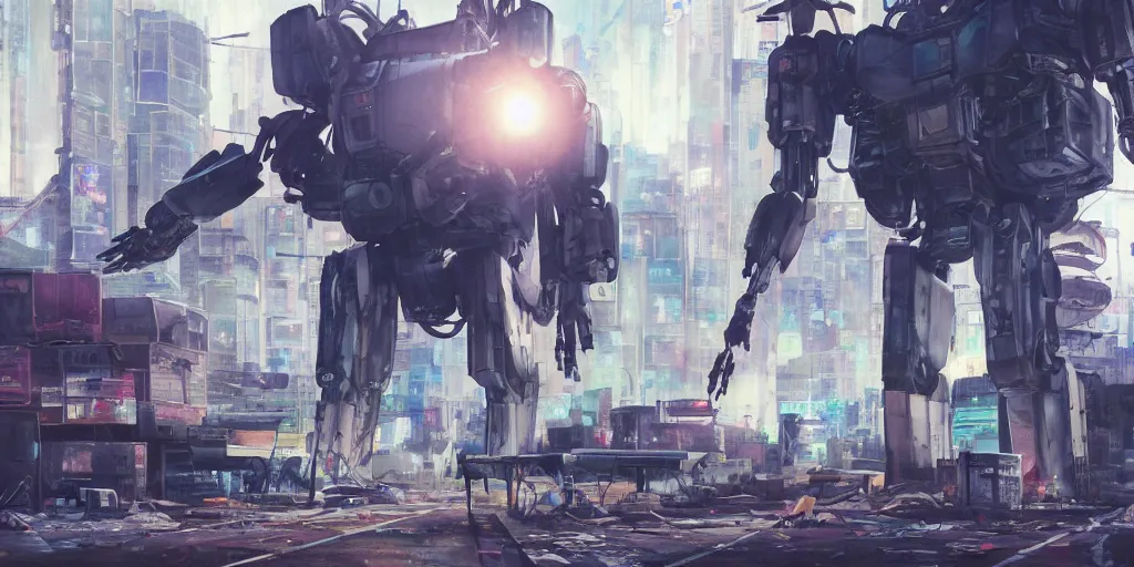 Image similar to a giant robot mecha lies broken in a deserted shinjuku junk town, anime, watercolor, ghost in the shell, soft bloom lighting, paper texture, movie scene, cyberpunk, animatronic, black smoke, pale, beige sky pencil marks, hd, 4k, remaster, dynamic camera angle, deep 3 point perspective, fish eye, dynamic scene