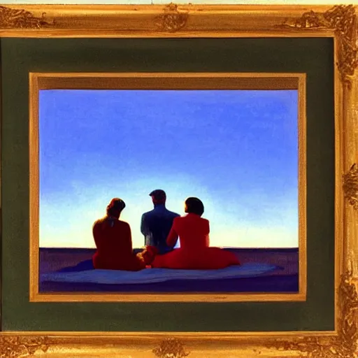 Image similar to a family sitting on a blanket at the beach watching the sun go down in the style of Edward hopper