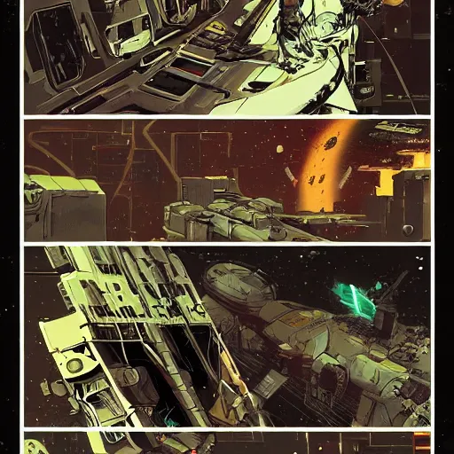 Image similar to the spacebattle, industrial scifi, cyberpunk, in the style of Ashley Wood and Moebius