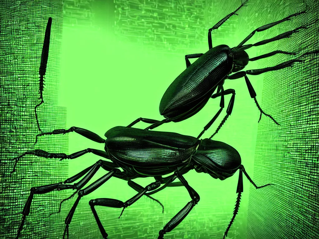 Prompt: a terrifying giant bug emerging from strands of neon green computer code text, matrix, hyperrealistic, digital painting, 8 k, artstation, very detailed