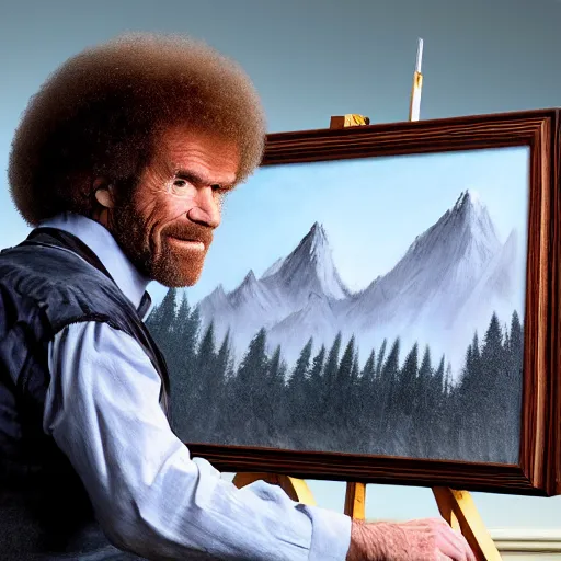 Image similar to a closeup photorealistic photograph of bob ross working on a canvas painting of batman. film still. brightly lit scene. mountains and trees. this 4 k hd image is trending on artstation, featured on behance, well - rendered, extra crisp, features intricate detail, epic composition and the style of unreal engine.