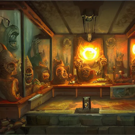 Image similar to an actual gift shop in hell, horror fantasy, digital art, trending on artstation