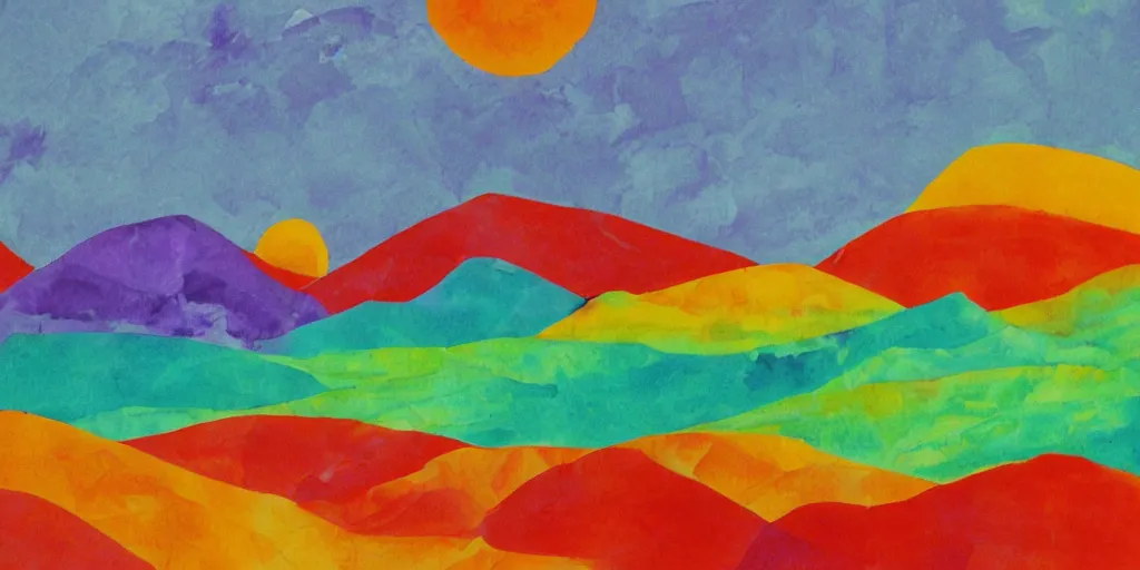 Prompt: red orange yellow lime blue purple landscape paper art