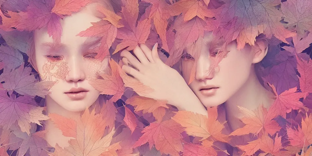 Image similar to breathtaking detailed pattern pastel colors of an ethereal ginger beauty morphing into autumn leaves, by hsiao - ron cheng, bizarre compositions, exquisite detail, 8 k